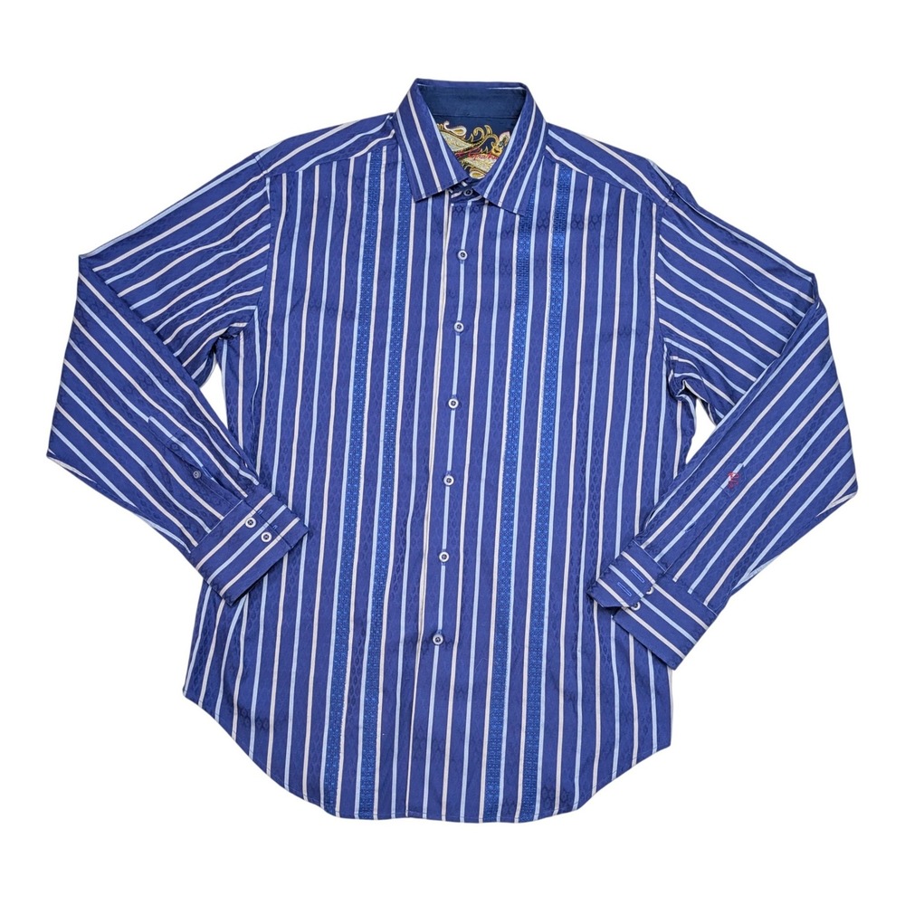 Robert Graham Shirt Mens L Blue Jacquard Stripe Paisley Flip Cuff Cotton
